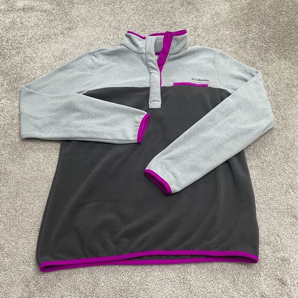 Columbia Fire Side Fleece Jacket Womens Large Gray Purple 1/4 Snap Outdoor Hike - Picture 1 of 12